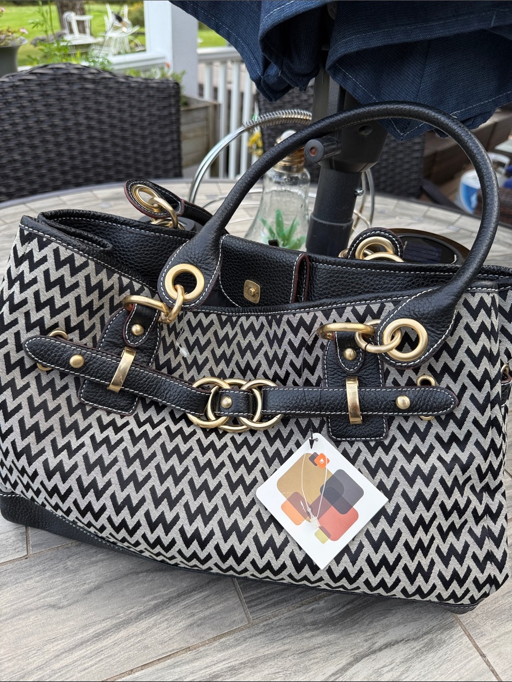 Black & Cream Chevron Tote Handbag with Gold Hardware